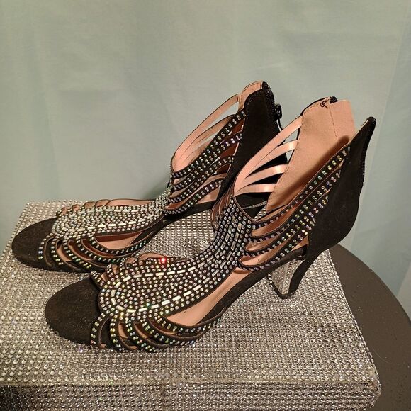 Women's Black Rhinestone Gladiator Heels – Size 8 Strappy Sparkle Sandals - Picture 2 of 6